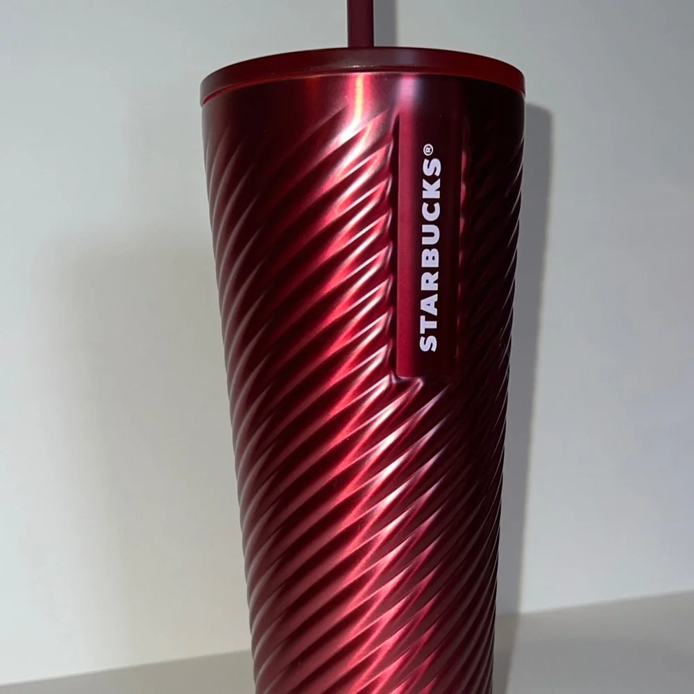 Starbucks 2022 Deep Red Metallic Swirl Twist Stainless Steel Cold Cup 24 Oz